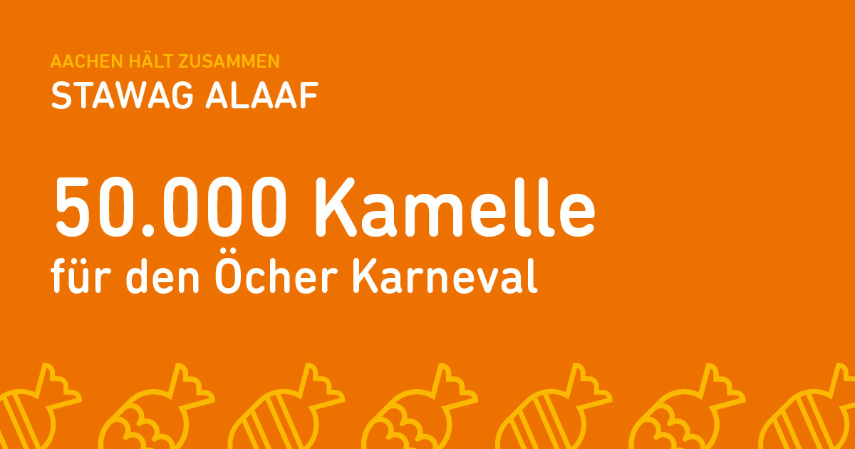 STAWAG Alaaf ist zurück 🥳

Wir unterstützen den Aachener Karneval in diesem Jahr mit 50 000 Bio-Fairtrade Schokotäfelchen. Teilnehmen dürfen Aachener Karnevalsvereine. Bewerbt Euch einfach mit einer kurzen und knackigen Bewerbung bei uns.  👉 stawag-alaaf.de