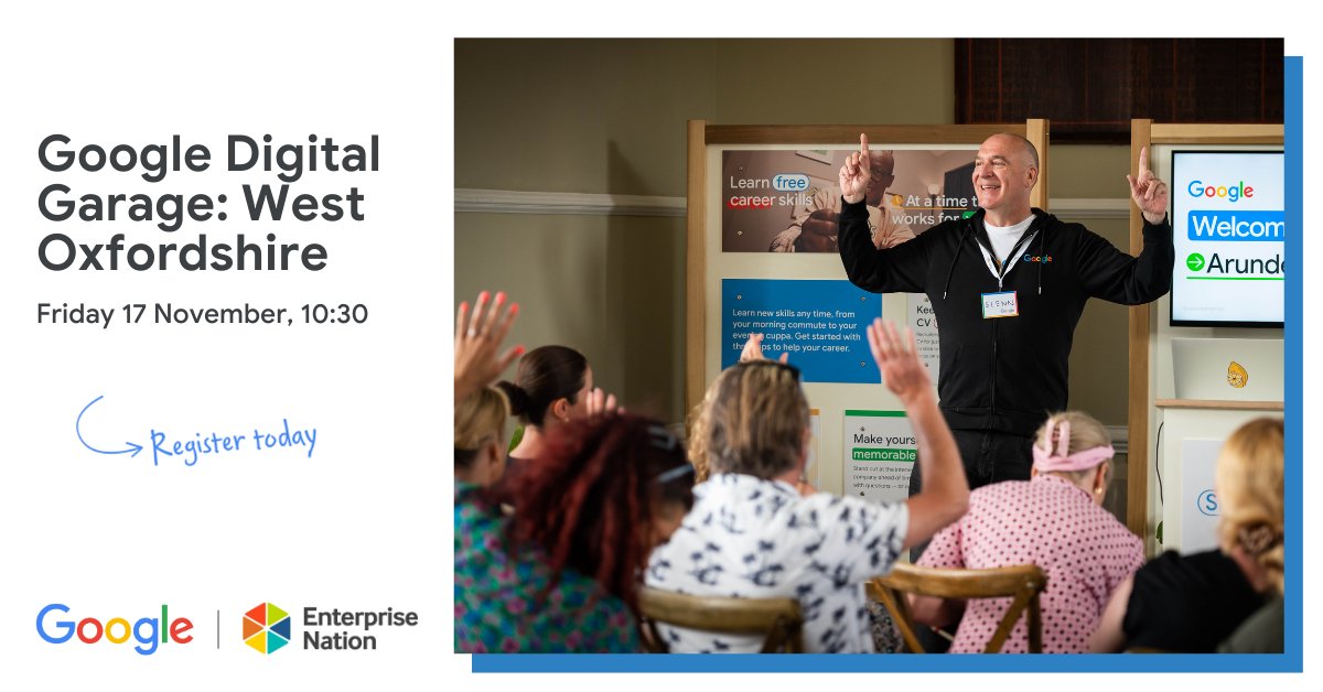 e_nation's tweet image. 📣 @GoogleUK is coming to West Oxfordshire! 

Join this in-person event on 17 November for a day full of free training and workshops to help you grow your business 🙌

Sign up now ➡️ ow.ly/VILx50PSoIC

#GoogleDigitalGarage #Witney #Oxfordshire