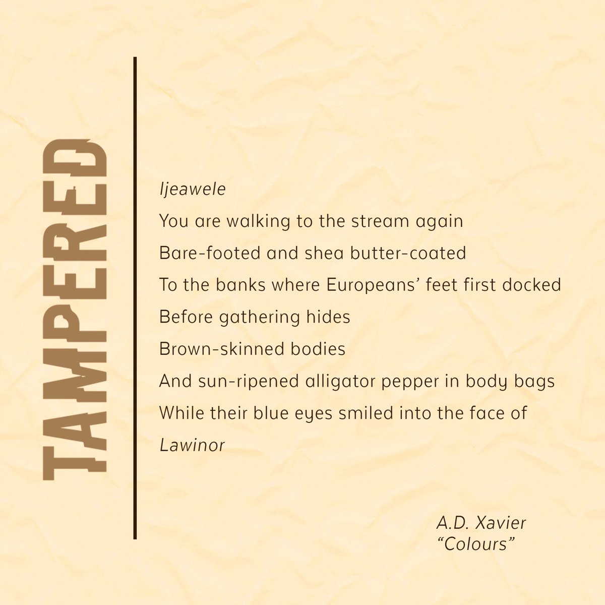 Tampered_Press's tweet photo. Centuries of skin colour-based subjugation cast a long shadow, staining the future with despair.

A.D Xavier's "Colours" and "En Route to Jamaica" are the first poetry pieces from our 8th issue.  Visit our website and read them first! 
https://t.co/PzBDbQ49yN https://t.co/wBJKLjCWJn