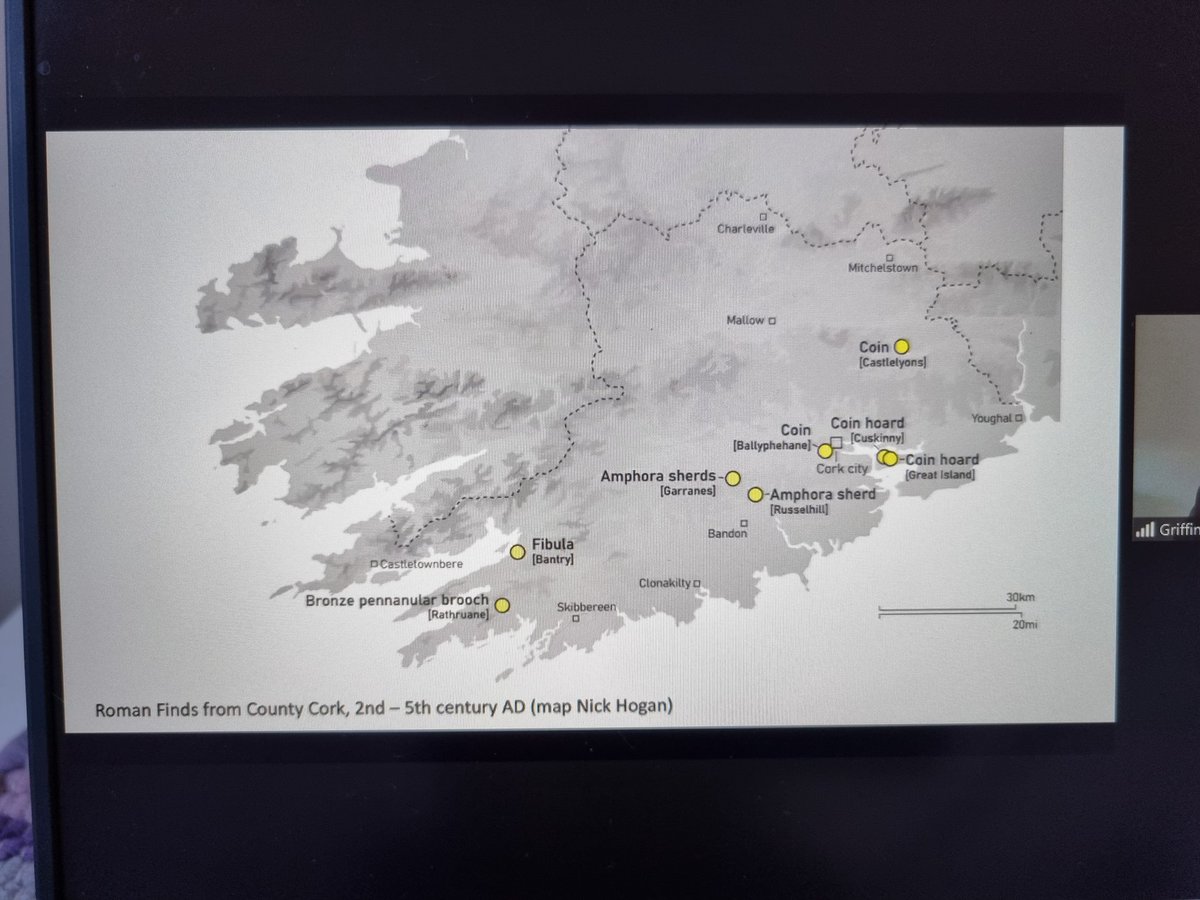 Distribution of Roman finds in Cork, with a cluster around Cork Harbour. Might be few, but definitely Roman! Some of the finds are on display at the Cork &amp; The Roman World exhibition <a href="/RomanFindsGrp/">Roman Finds Group</a>