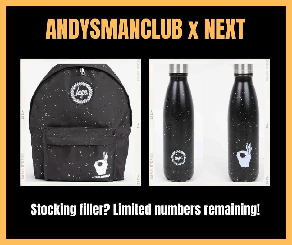 ANDYSMANCLUB X NEXT X HYPE 😍 Struggling to think of a Christmas present...? We still have limited numbers left of our bag and bottle, created with Next and Hype - all profits donated to AMC 🖤 Bag - www4.next.co.uk/style/st697572… Bottle - www4.next.co.uk/style/st697571…