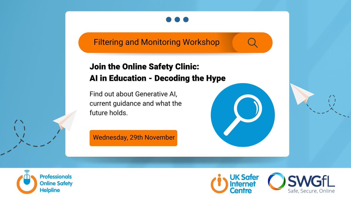 The @SWGfL_Official team from the UK Safer Internet Centre is hosting an Online Safety Clinic on AI in Education. Join Ken Corish, an expert in online safeguarding and children's online behaviours to answer questions about AI in #education. 🔗 eventbrite.co.uk/e/online-safet…