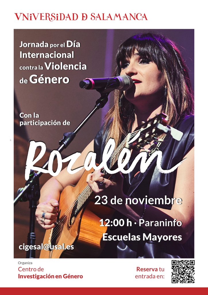 El próximo 23 de noviembre desde el Centro de Investigación en Género conmemoraremos el Día Internacional contra la Violencia de Género con <a href="/RozalenMusic/">Rozalén</a> en el Paraninfo de la <a href="/usal/">Universidad de Salamanca</a>.

¡Os esperamos! 💜 #NiUnaMás