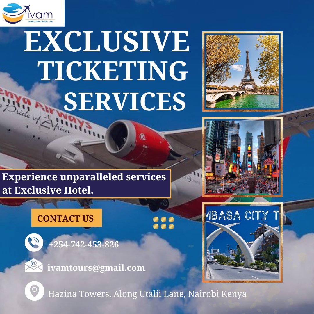 Ivamtours's tweet image. Consider booking a flight with Ivam Tours.
We are your ideal flight ticketing agency!
Contact us
📲 +254742453826
📧ivamtours@gmail.com
#ticketingservices #flightticketing #ivamtoursandtravel #explore #discover #travelticketing✈️