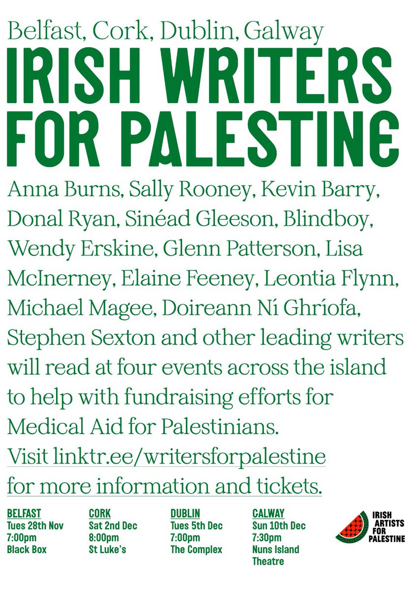 A group of Irish writers and @_IAFP have organised four events - in Dublin, Belfast, Galway and Cork - with readings and music to raise money for @MedicalAidPal. Tickets for three shows (Cork is sold out) on sale Monday at 10am. Details will be here: linktr.ee/writersforpale…