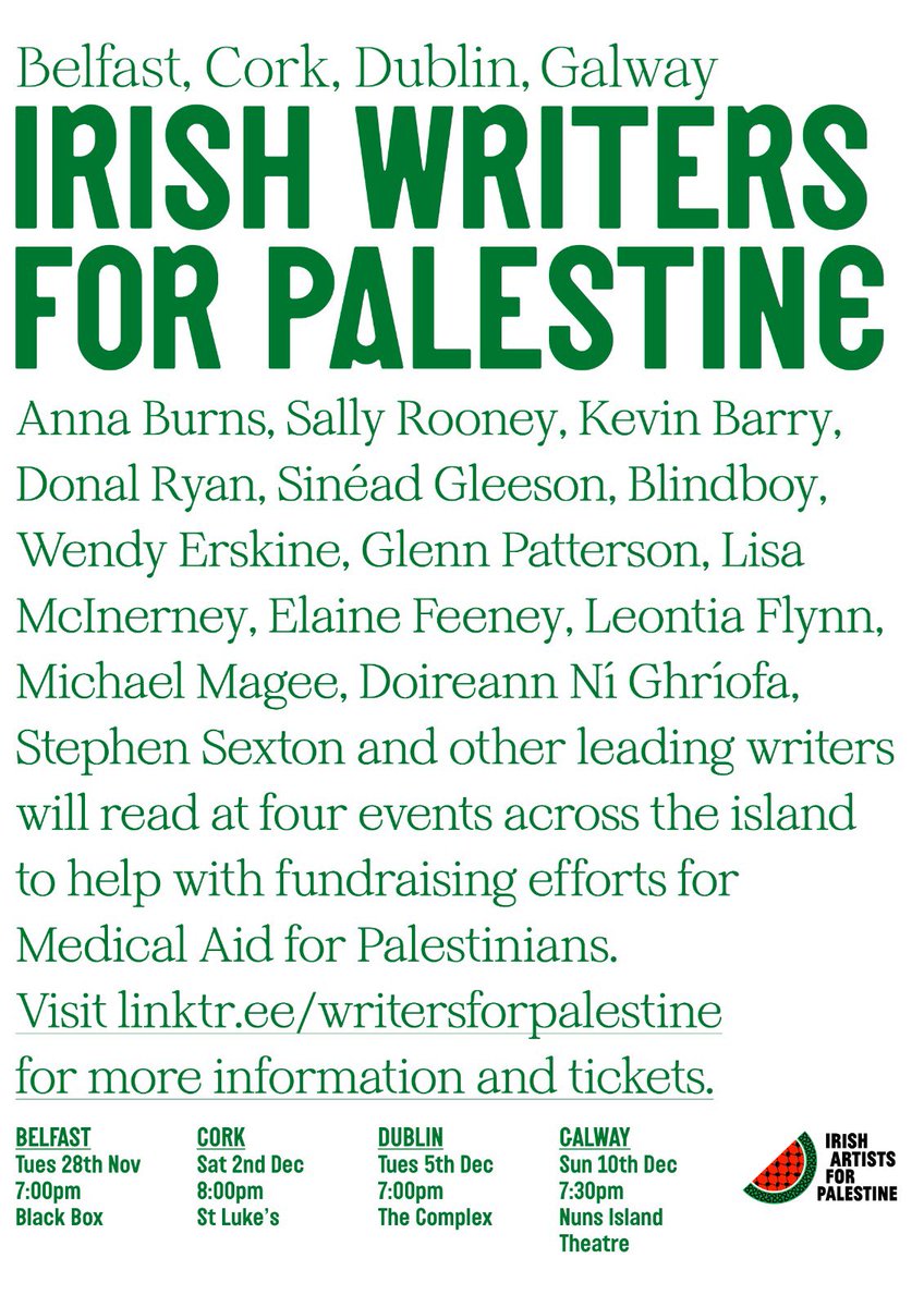 BELFAST, CORK, DUBLIN, GALWAY

4 cities, 4 massive literary events

20+ Irish writers, reading, standing in solidarity with Palestine

Tickets on sale Monday 13th November, 10am

More details here: irishtimes.com/culture/books/…