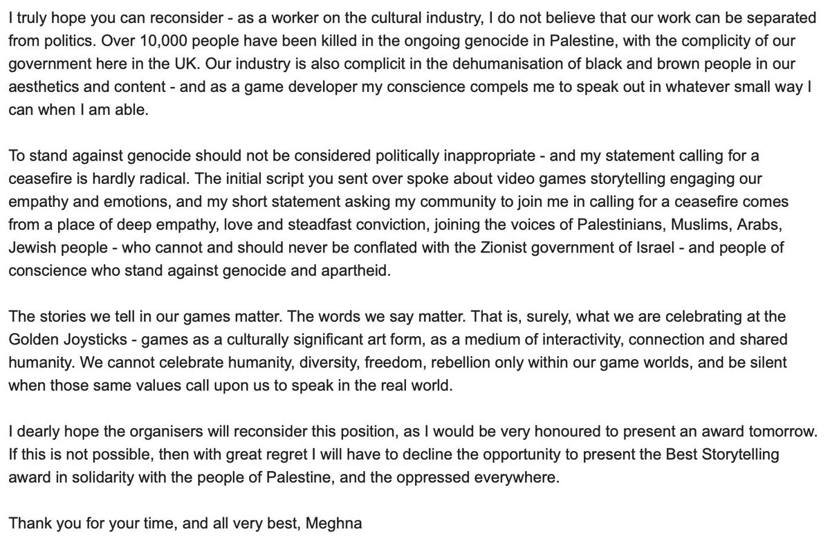 To my great regret, I will not be presenting the Best Storytelling award today as the organisers would not permit political statements. Here's what I would have said, and my message explaining my reasoning for withdrawing. #ceasefireNOW