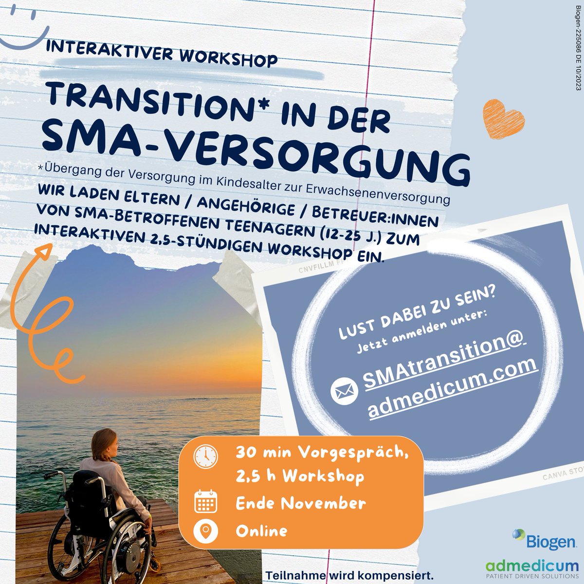 admedicum's tweet photo. 🗣️Parents, relatives &amp; assistants of young SMA patients wanted (German)!
‼️ UPDATE: Der Termin des Workshops steht: 30.11.2023🗓️
Wir suchen noch Eltern, Angehörige/Assistent*innen, die #SMA-Betroffene durch die #Transition begleitet haben🧡Anmeldung: SMAtransition@admedicum.com https://t.co/oUkgabfV2E