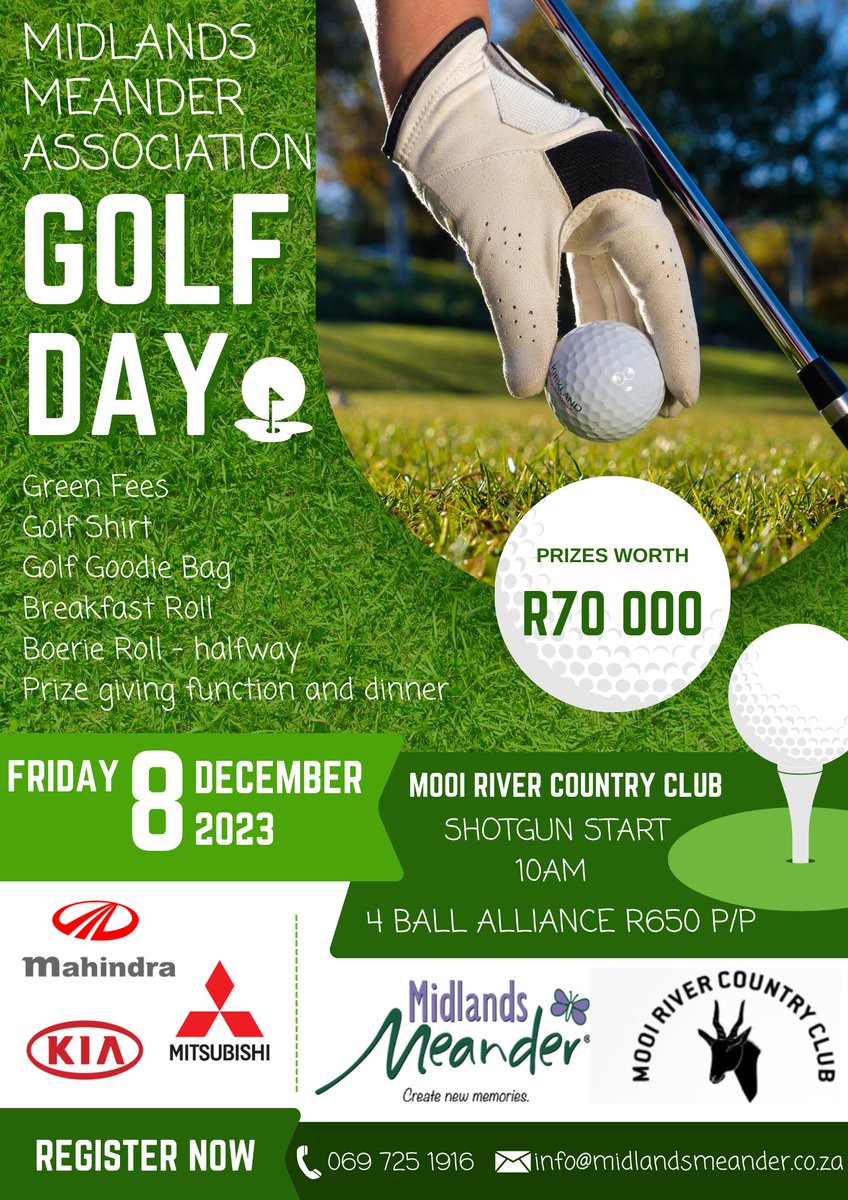 HAVE YOU BOOKED YOUR 4 BALL? R70K WORTH OF PRIZES UP FOR GRABS! 
Midlands Meander Golf Day Fundraiser! 

#MidlandsMeander #MidlandsMeander #GolfDayFundraiser #Golf #Prizes #networking