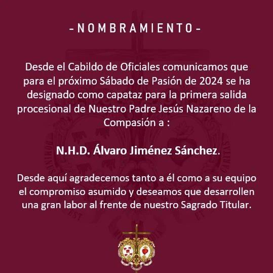 HdadDelHigueron's tweet photo. Desde el Cabildo de Oficiales comunicamos que para el próximo Sábado de Pasión de 2024 se ha designado como capataz para la primera salida procesional de Nuestro Padre Jesús Nazareno de la Compasión a N.H.D. Álvaro Jiménez Sánchez.

#sangredelhigueron https://t.co/eR7FrKZcEi