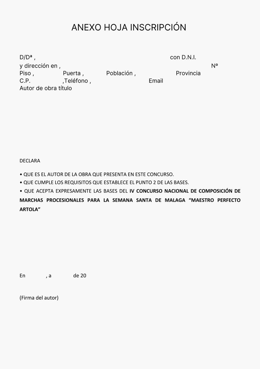 Hasta el 31 de enero de 2024 continúa abierto el plazo de inscripción/presentación de composiciones del IV CONCURSO NACIONAL DE COMPOSICIÓN DE MARCHAS PROCESIONALES PARA LA SEMANA DE MÁLAGA.

Más información en Mirafloresgibraljaire@gmail.com

#CofradíasMLG
<a href="/cofradiasmalaga/">Agrupación de Cofradías de Semana Santa de Málaga</a>