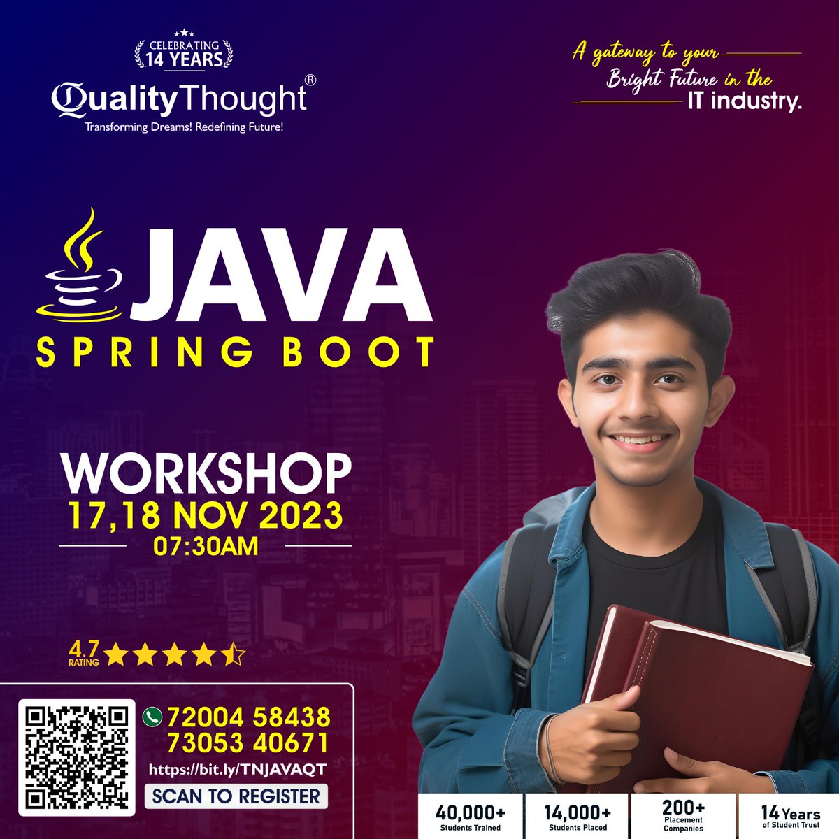 QTTWorld's tweet image. Are you a graduate fresher or an experienced,Experience the power of Java Spring Boot at our exclusive workshop hosted by Quality Thought on 17th &amp;amp; 18th Nov 2023@07:30AM
🌐Register for the Workshop: bit.ly/TNJAVAQT
#java #javaprogram #springbootjava #javaspringdeveloper