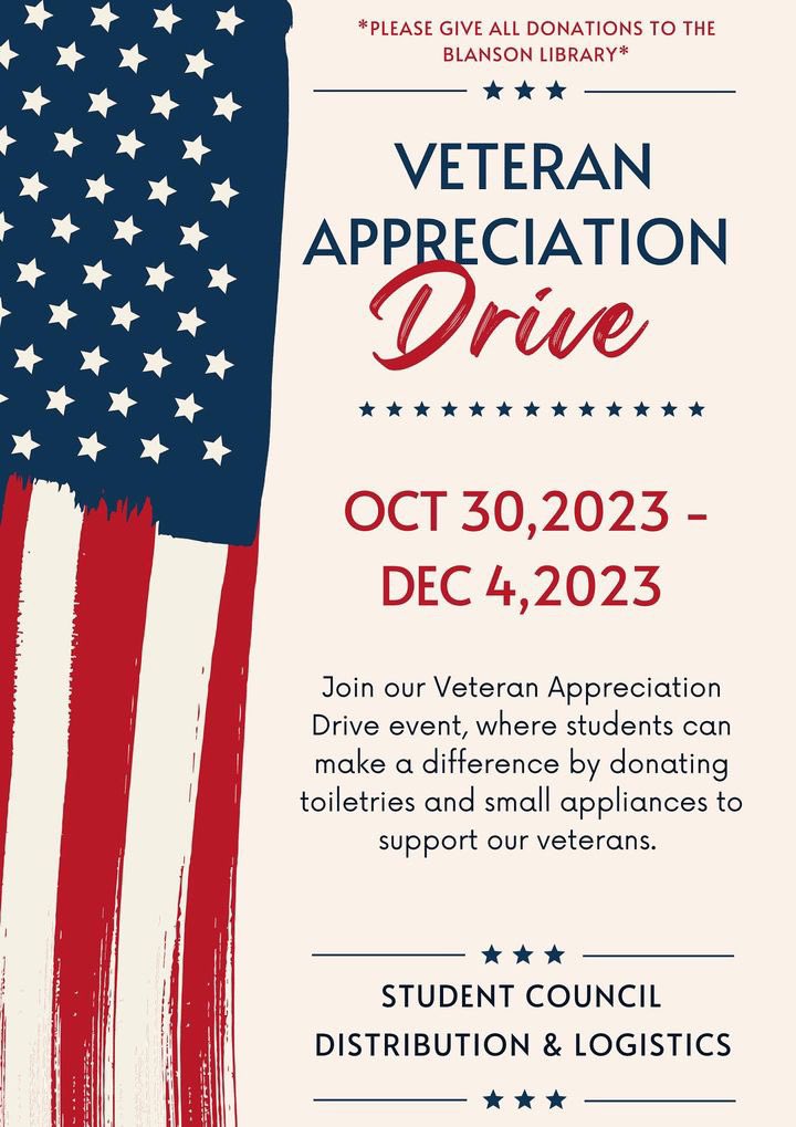 blansonstuco's tweet photo. Blanson Jag’s don’t forget to participate in our Veteran Appreciation Drive by donating! #BlansonCTE #Blanson #StuCo #StudentCouncil #Veterans #Myaldine #OwnIt @BenIbarraCTE https://t.co/atBhALlfeB