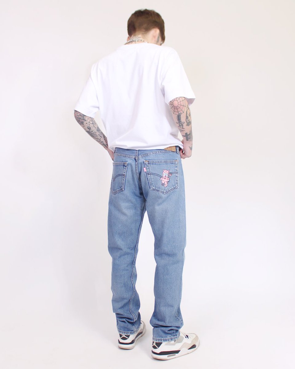 sadsac's tweet photo. “dvl bb” denim jeans in black &amp; stonewash blue. preloved levis 501 with embroidery. made in Ireland &amp; ready to ship worldwide. available this saturday @ 11am bst on https://t.co/4CWLnbuX9u https://t.co/TIiuVGYuYm