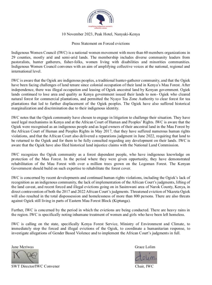 SamburuWtrust's tweet photo. We stand with the Ogiek community in the face of forced eviction in Mau Forest. We call upon the government to engage in dialogue and respect the Africa commission court ruling. Our prayers are with the affected.
#inSolidaritywithOgiek
#RespectCourtRuling
@JaneMeriwas https://t.co/IyobklWWdB