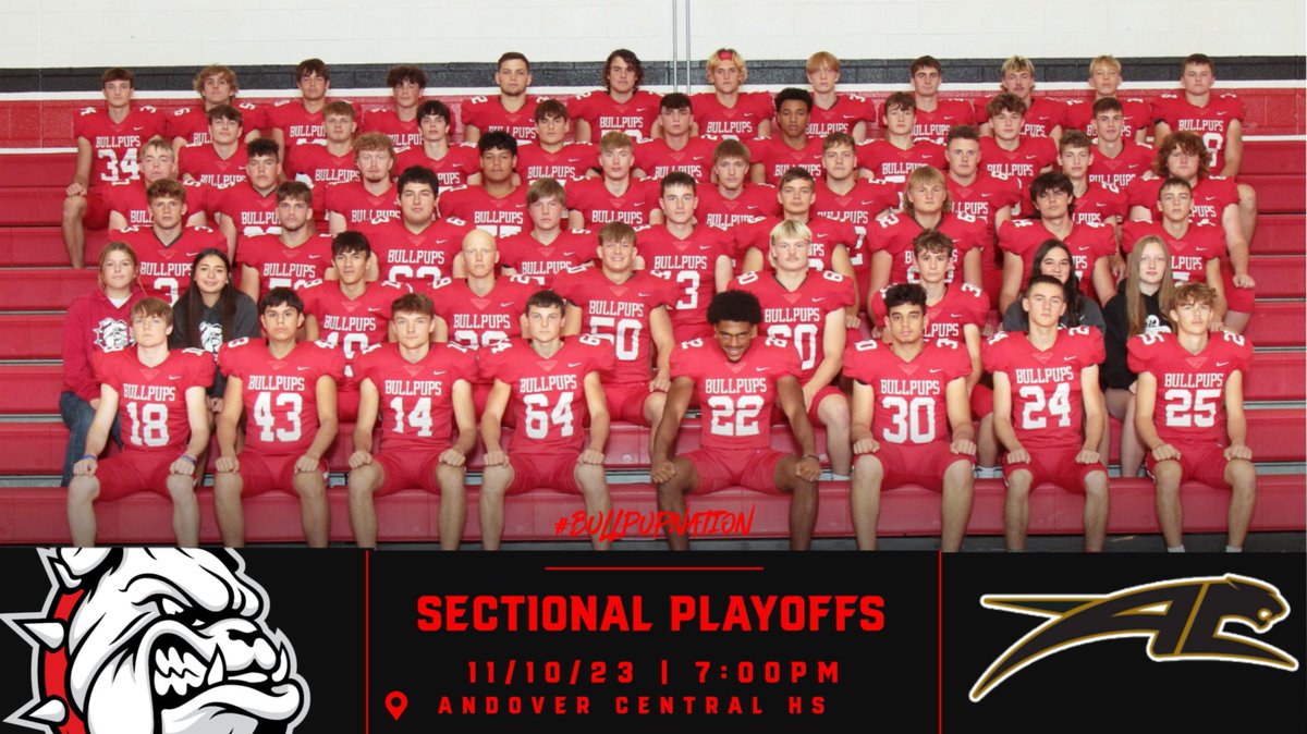 The Bullpup Football Team continues their push through the playoffs as only 8 teams remain! The Pups compete in a 4A Sectional game tonight at Andover Central!! GO PUPS! #bullpupnation
