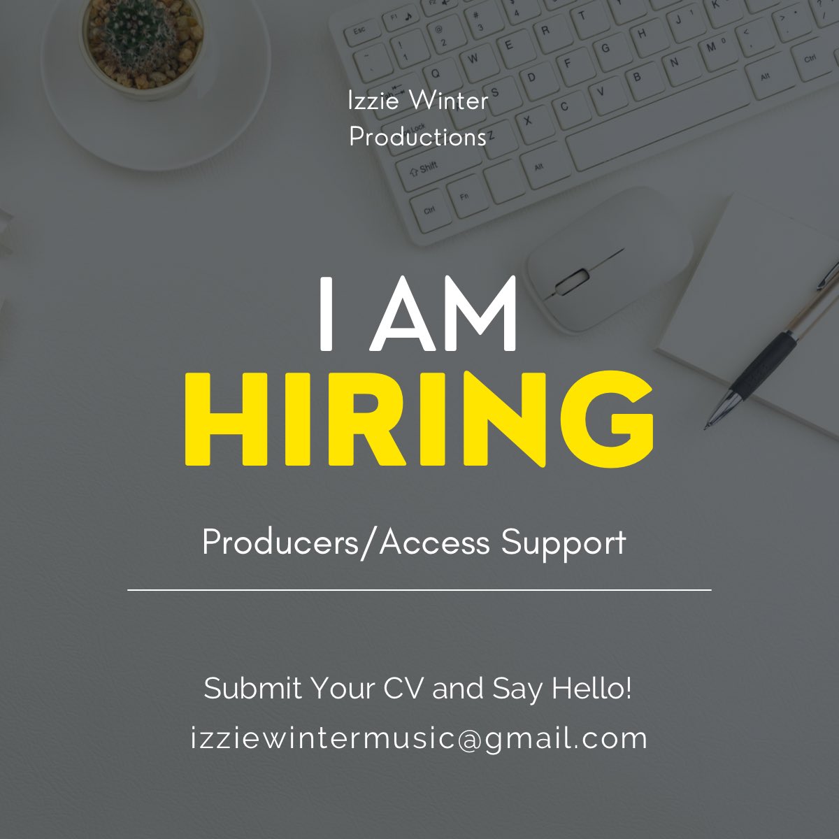 Calling all producers! 📣 I’m currently looking to hire a producer to come and work for me for 16 hours a week, to collaborate with theatre projects and assist with personal access needs- admin/organisational. Please DM or email at izziewintermusic@gmail.com for more details!