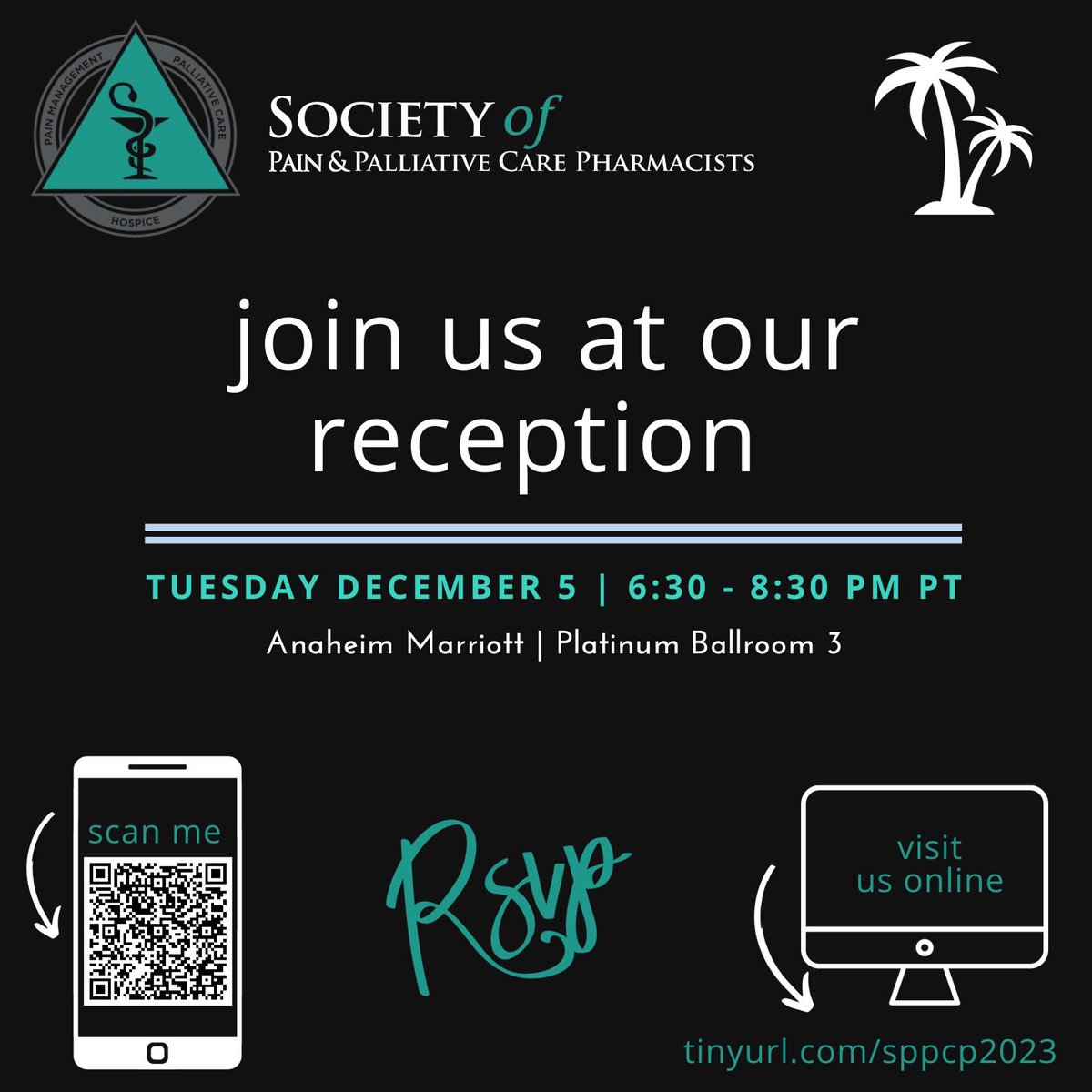 ✨SAVE THE DATE for the Society of Pain &amp; Palliative Care Pharmacists networking reception during ASHP Midyear Clinical Meeting in Anaheim!

December 5, 2023 from 6:30-8:30 PM PT