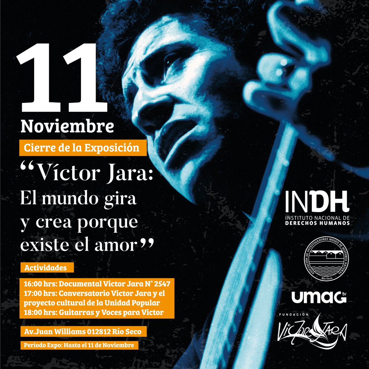 📌#INDHMagallanes, <a href="/FundVictorJara/">Fundación Víctor Jara</a> y el Museo de Historia Natural Río Seco invitan al cierre de la exposición “Víctor Jara: El mundo gira y crea porque existe el amor”.
📅11.11.2023
🕓16 horas
📍Avenida Juan Williams 012812. Río Seco. Punta Arenas.