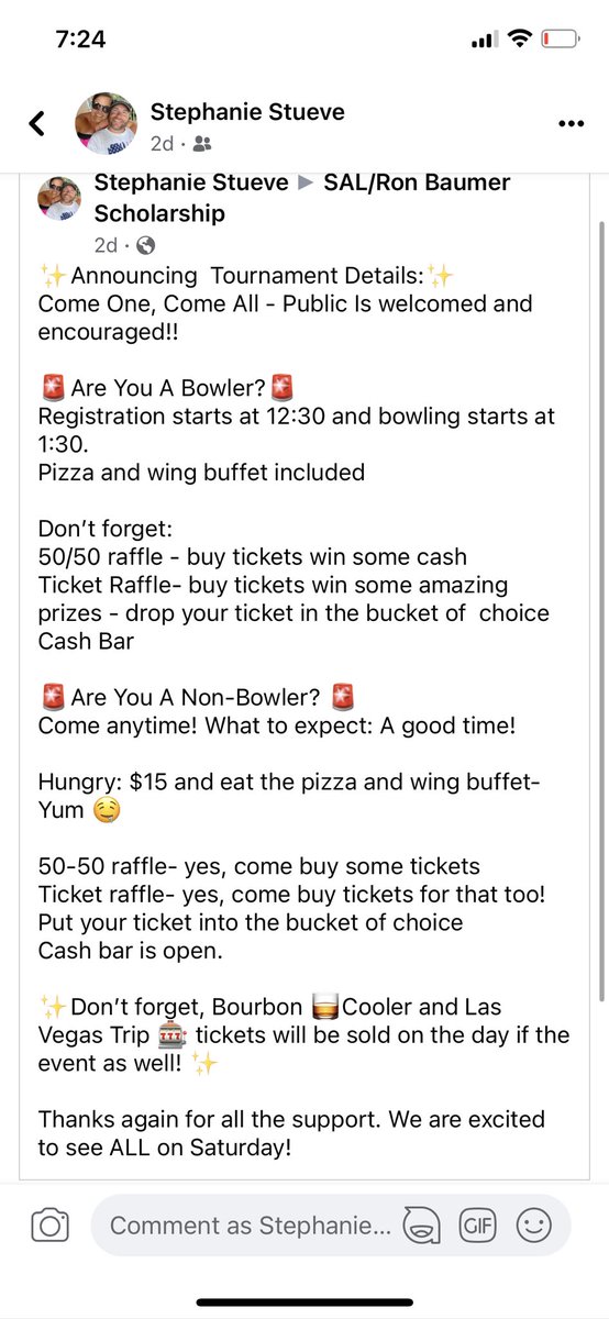 TsastueveStueve's tweet photo. Thanks again to all our donors! We are excited to celebrate and honor tomorrow. If you are still looking to donate, today is the day. Please contact JR Baumer, Jason Baumer, or Stephanie Stueve. See you ALL tomorrow at Community Lanes! https://t.co/tKn5gwDnxs