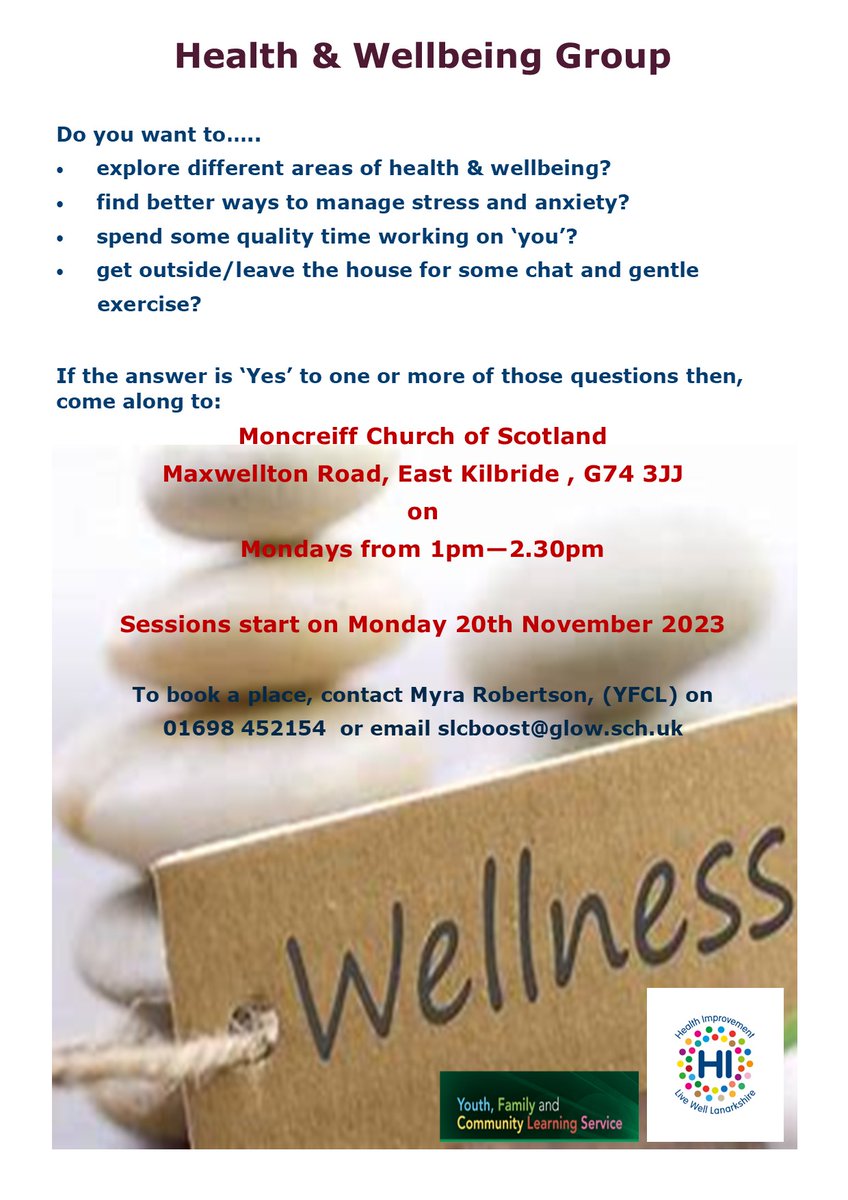 SLC Boost (@boostslc) on Twitter photo Why not come along and join us at Moncreiff Parish Church for our Adult Wellbeing group. Explore any issue around Health & Wellbeing of interest to you, within a relaxed and friendly atmosphere. Contact us at slcboost@glow.sch.uk or call Myra Robertson on 01698 452154. Why not come along and join us at Moncreiff Parish Church for our Adult Wellbeing group. Explore any issue around Health & Wellbeing of interest to you, within a relaxed and friendly atmosphere. Contact us at slcboost@glow.sch.uk or call Myra Robertson on 01698 452154.