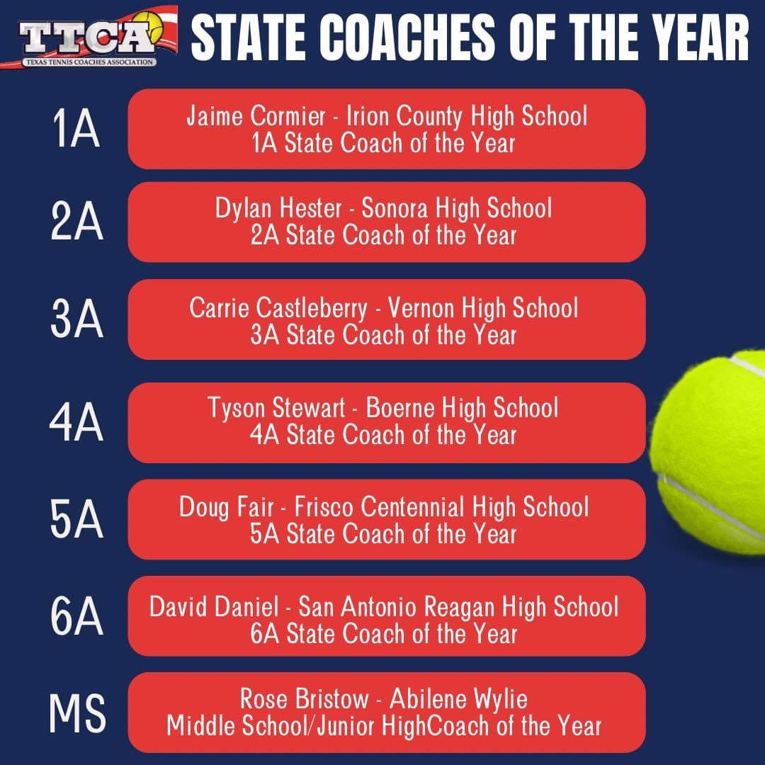 A HUGE congratulations to our very own Coach Daniel for being this years TTCA 6A Coach of the Year!! When you see him today tell him Congratulations!! #StrikeEm 🐍 🎾