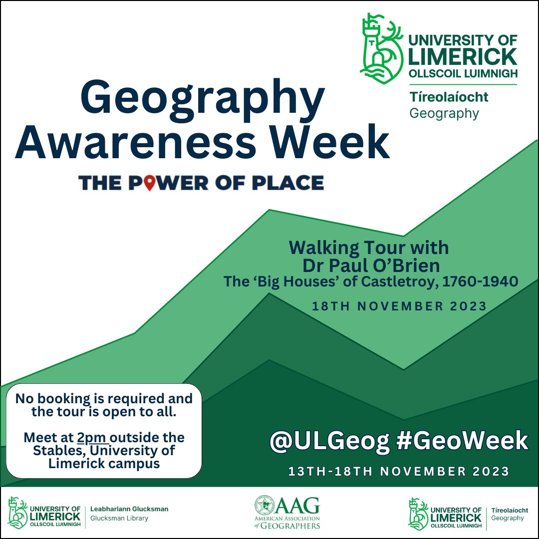 Delighted to include @FearStairLmk in the line up of Geography Awareness Week events with a walking tour of 'the 'Big Houses' of Castletroy, 1760-1940'.

Meet 2pm, Sat 18th Nov. outside the Stables on @UL campus

This event is open to the public & booking is not required #GeoWeek