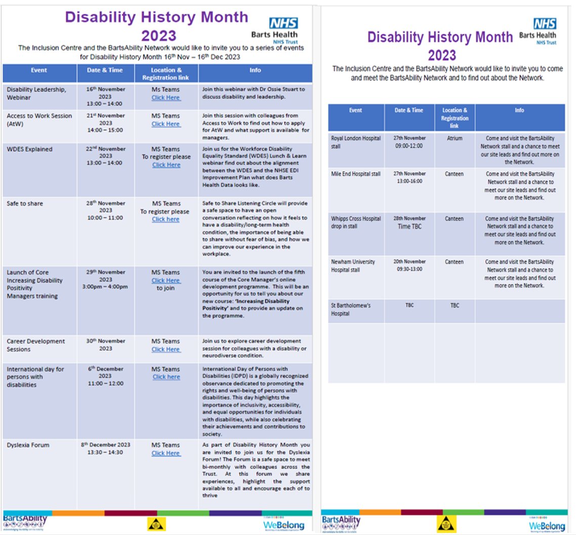 📢 all @NHSBartsHealth colleagues and @BHRUT_EDI join us for Disability History Month 16 Nov to Dec 16th Dec as we will be hosting a wray of events. To register or to find out more please email diversityninclusion.bartshealth@nhs.net @BartsAbility ⬇⬇⬇
