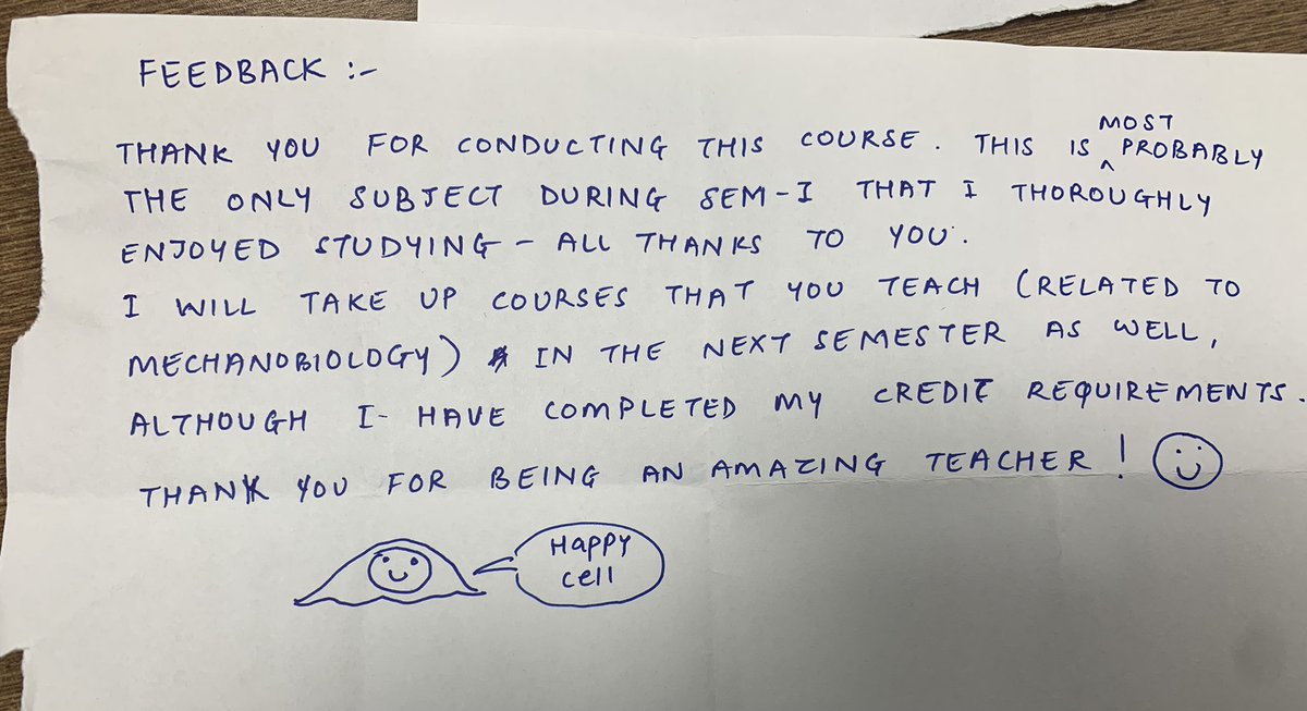 2 nice quotes frm informal anonymous feedback for my course on #mechanobiology .
“Every class made me more curious”
“I will take up courses that you teach in the next Sem as well, although I have completed my credit requirements.”
Teaching is such a fun-filled and satisfying job.