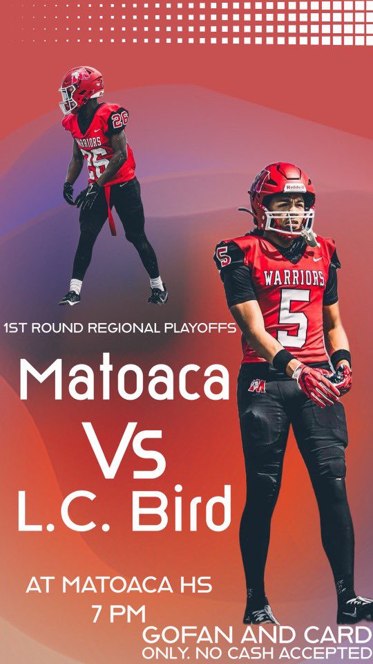 Matoaca Athletics (@matoacahsathlet) on Twitter photo Game Day!! Matoaca vs LC Bird, 7pm <a href="/MatoacaHighS/">Matoaca High School</a> Get your tickets now! GoFan.co #Region5C #Playoffs
<a href="/RecruitingMHSFB/">Matoaca HS Football Recruiting</a> <a href="/MHS_Warriors_FB/">MatoacaWarriorsFB</a> <a href="/MatoacaHSCheer/">Matoaca High Cheer</a> <a href="/CoachStoots/">Coach Stoots</a> <a href="/ElizabethSBaber/">Elizabeth Baber</a> <a href="/MatoacaDance/">Matoaca High School Dance Team</a> Game Day!! Matoaca vs LC Bird, 7pm <a href="/MatoacaHighS/">Matoaca High School</a> Get your tickets now! GoFan.co #Region5C #Playoffs
<a href="/RecruitingMHSFB/">Matoaca HS Football Recruiting</a> <a href="/MHS_Warriors_FB/">MatoacaWarriorsFB</a> <a href="/MatoacaHSCheer/">Matoaca High Cheer</a> <a href="/CoachStoots/">Coach Stoots</a> <a href="/ElizabethSBaber/">Elizabeth Baber</a> <a href="/MatoacaDance/">Matoaca High School Dance Team</a>