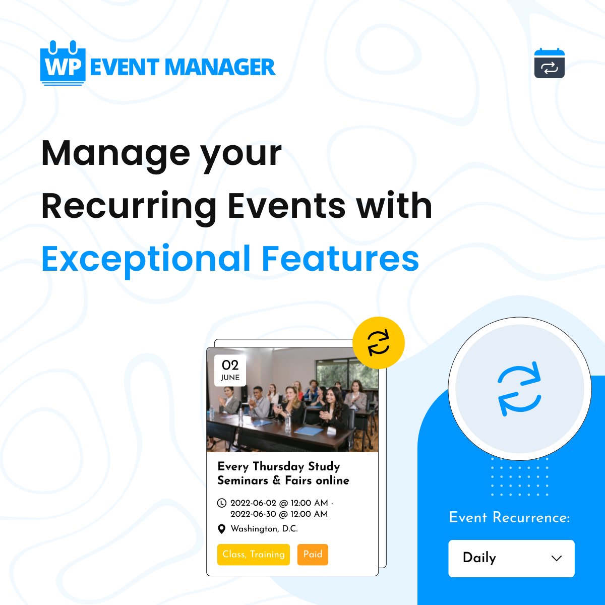 wp_eventmanager's tweet image. 👉 Managing recurring events can be challenging as you need to update each occurrence before time to inform the attendees. If you are also facing the problem, we have a perfect solution for you. 

👉 Explore our plugin: zurl.co/5323 

#recurringevents #plugins #event