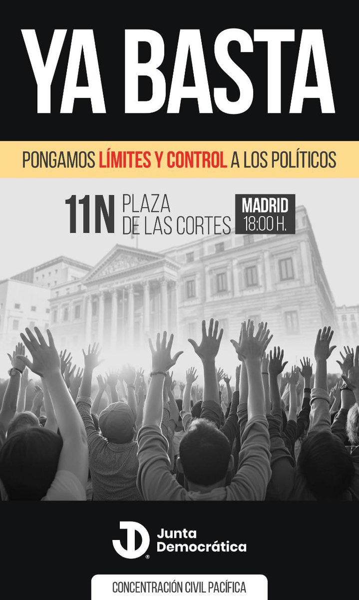 Realidadecero's tweet image. YA BASTA
Pongamos límites y control a los políticos

📆 Proximo sábado 11 a las 18:00
📍 Frente al Congreso de los Diputados, Madrid

Concentración civil pacífica

¡COMPARTE! 
#YaBasta #ControlaLosPoliticos #Libertad #AmnisitaNo