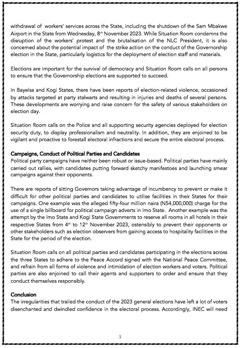 SituationRoomNg's tweet photo. PRELIMINARY STATEMENT ON THE 2023 GOVERNORSHIP ELECTIONS IN BAYELSA, IMO AND KOGI STATES.

Issued in Abuja at 12:00 pm, Friday, 10th November 2023 https://t.co/tXcxMuWgKp