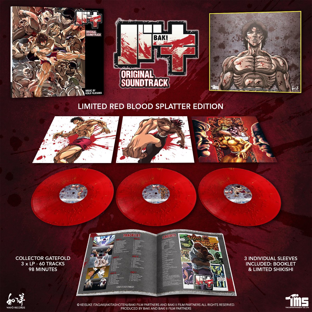 Let the battle begin👊 Here is the incredible BAKI Original Soundtrack, composed by Kenji Fujisawa (@TeamMaxStaff)! The limited 3xLP Edition features exclusive splatter discs and shikishi🔥 ➡️wayorecords.com/en/vinyls/832-… #Baki #Vinyl #OST #Anime