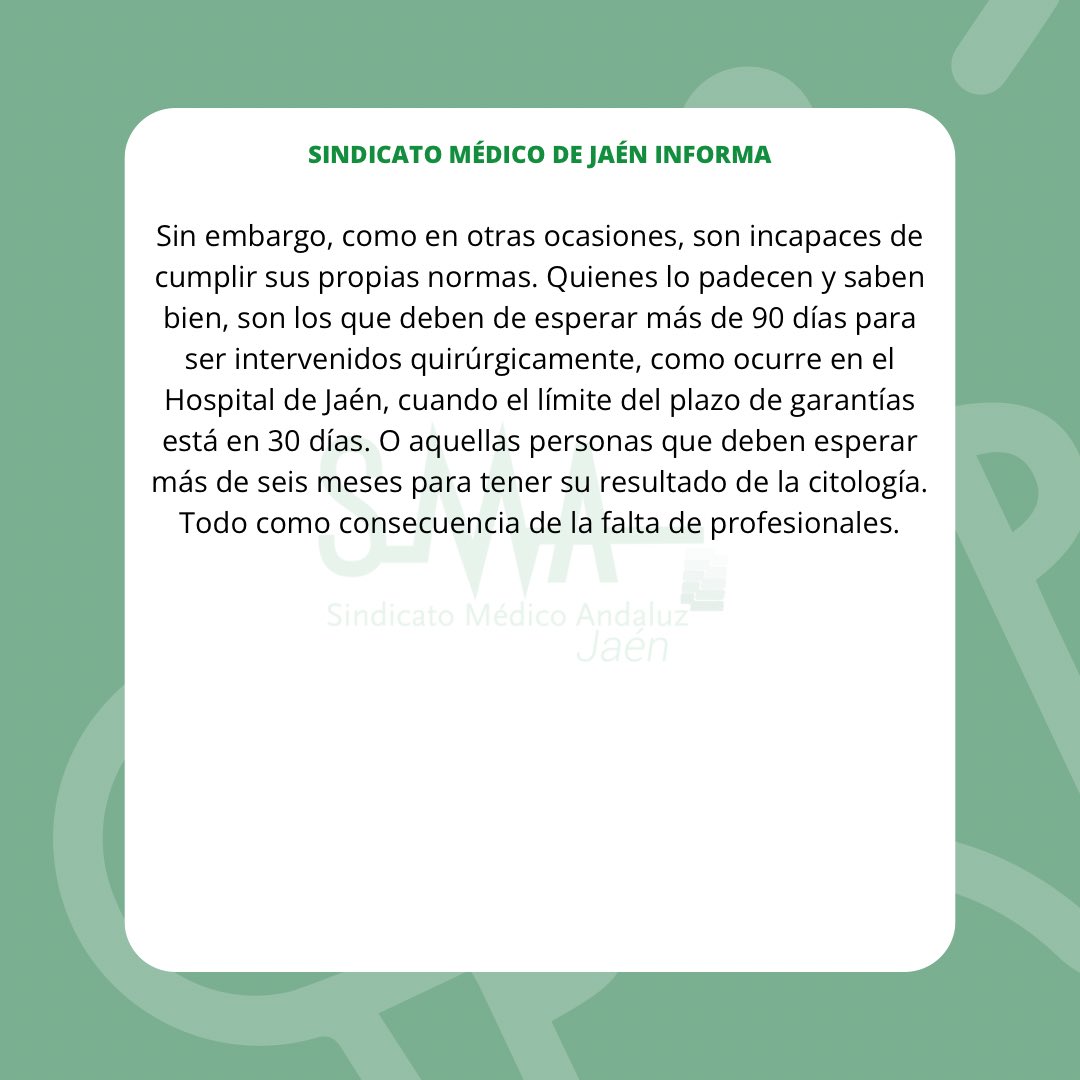 S. MÉDICO ANDALUZ JAÉN (@smjaen) on Twitter photo ❌ LA FALTA DE PROFESIONALES PROVOCA EL INCUMPLIMIENTO DE LOS PLAZOS
Entre los objetivos específicos del Acuerdo de 2021 de la Estrategia de Cáncer en Andalucía se encuentra reducir el tiempo de espera para conocer diagnósticos y disminuir demoras en el inicio del tratamiento. ❌ LA FALTA DE PROFESIONALES PROVOCA EL INCUMPLIMIENTO DE LOS PLAZOS
Entre los objetivos específicos del Acuerdo de 2021 de la Estrategia de Cáncer en Andalucía se encuentra reducir el tiempo de espera para conocer diagnósticos y disminuir demoras en el inicio del tratamiento.