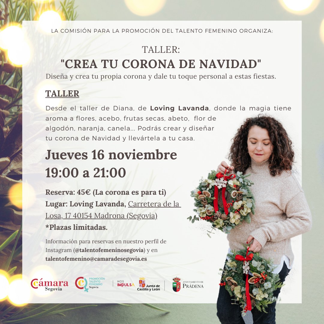 ➡️TALLER: "CREA TU CORONA DE NAVIDAD"⬅️

Te traemos un taller en el que podrás diseñar y crear tu propia corona navideña, maravilloso ¿verdad? 😉

📅 Jueves 16 de noviembre
⏰ 19:00 a 21:00
➡️ 45€ 
📍Loving Lavanda - Carretera de la Losa, 17 Madrona

👉tinyurl.com/2x4pupsg