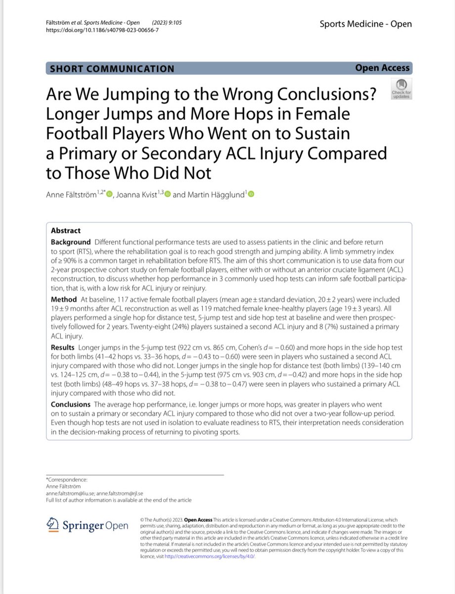 Martin Hägglund (@mhgglund) on Twitter photo Are We Jumping to the Wrong Conclusions? Do you use hop tests with your ACL/ACLR patients before RTS? Our new #OpenAccess article in SMOA <a href="/SportsMedicineJ/">Sports Medicine</a> might be of interest:
📏 Longer jumps & more hops in female ⚽️players who sustained new ACL injury
sportsmedicine-open.springeropen.com/articles/10.11… Are We Jumping to the Wrong Conclusions? Do you use hop tests with your ACL/ACLR patients before RTS? Our new #OpenAccess article in SMOA <a href="/SportsMedicineJ/">Sports Medicine</a> might be of interest:
📏 Longer jumps & more hops in female ⚽️players who sustained new ACL injury
sportsmedicine-open.springeropen.com/articles/10.11…