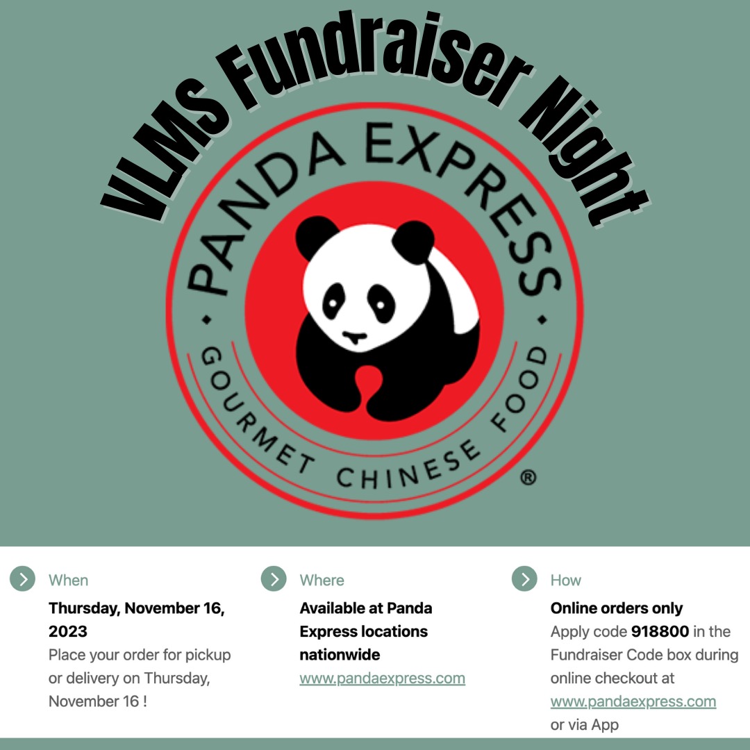 #VLMS is excited to invite our parents/students/community members to participate in our <a href="/PandaExpress/">Panda Express</a> Fundraiser Night on Thursday, November 16, 2023. Order online and apply code 918800 in the Fundraiser Code Box during online checkout to support VLMS and eat great food! #BoltUP