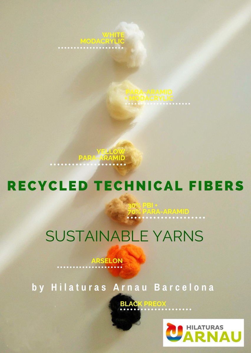 hilaturasarnau's tweet photo. FIBRAS TÉCNICAS #RECICLADAS ♻️
#Paraaramida #Metaaramida #Arselon #Preox #BlackPreox #Modacrylic #PBO....
Destinadas a la producción de #hilos ignífugos/térmicos de alta tenacidad. Productos son la respuesta sostenible para #textiles de usos técnicos y especializados 🌿🌱🌳 https://t.co/vXywfsWRwt