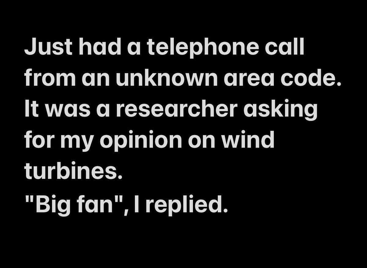 _itsJamesD_'s tweet photo. #NationalAreaCodeDay
#FridayJokeoftheWeek
Just had a telephone call from an unknown area code. It was a researcher asking for my opinion on wind turbines.
"Big fan", I replied. https://t.co/mzuBmUX1st
