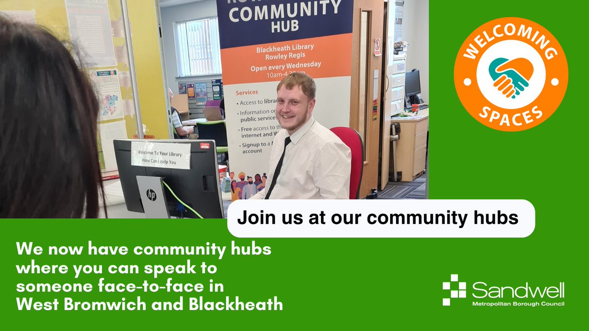 sandwellcouncil's tweet photo. 💬 Did you know... we now have two community hubs in Blackheath and West Bromwich for when you need to speak to someone face-to-face? https://t.co/XNQMEpjGVW