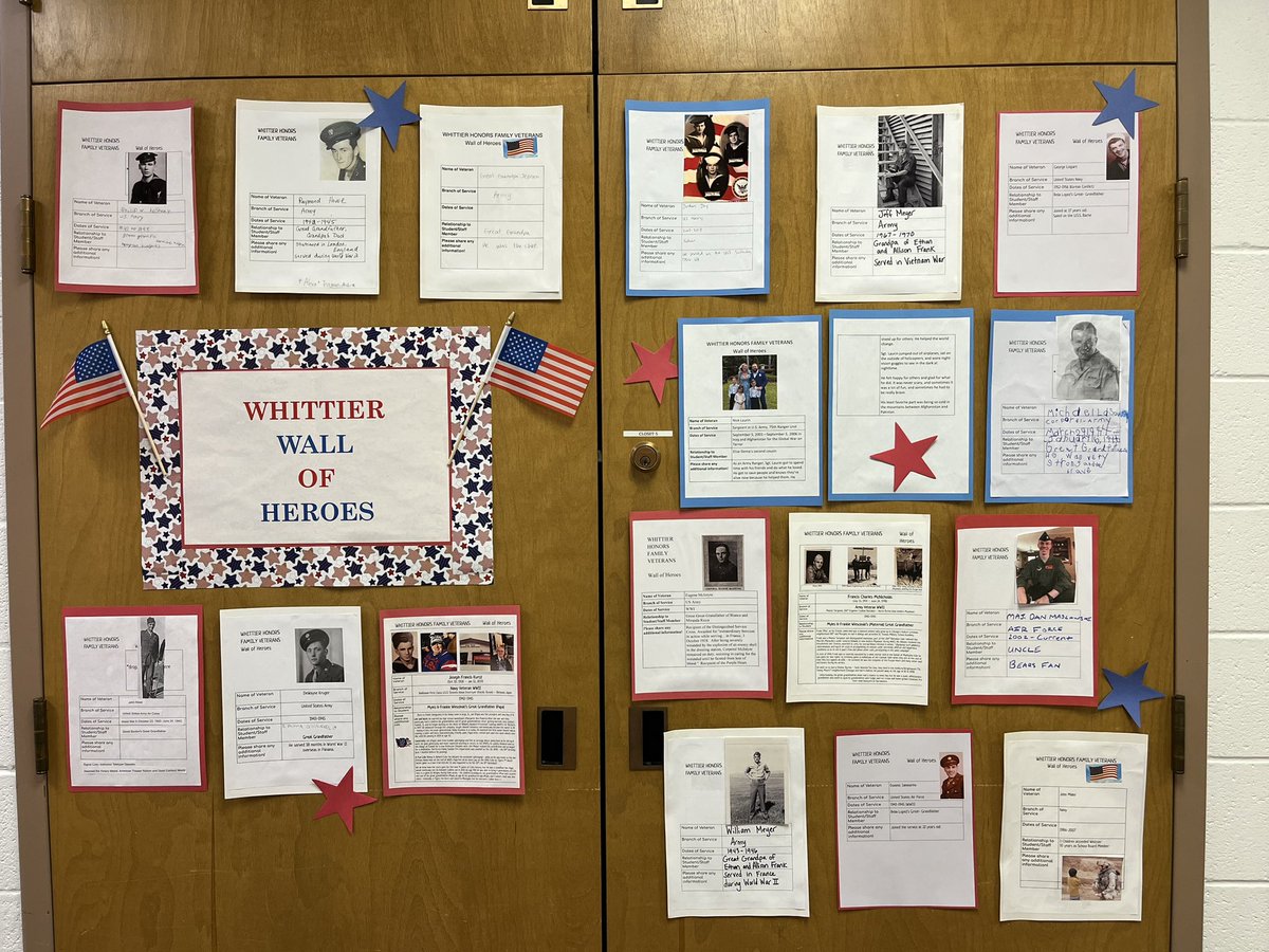 MKrugmanDG58's tweet photo. Whittier commemorates Veterans Day as we remember and honor our Whittier family and community heroes with our Wall of Heroes. Thank you for your service to our country! #dg58pride #dg58learn https://t.co/bSQVLfW9Bu