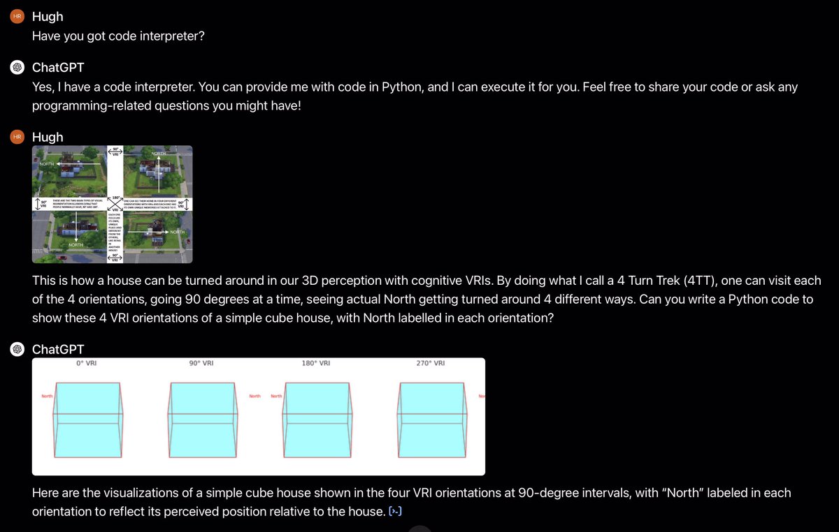 VRIs_Hugh's tweet image. I tried out #ChatGPT4 #CodeInterpreter. In the past, asking it to provide Python code, then putting the code into a Pythonista app wasn’t working out. Now that ChatGPT4 could analyze its own results, I wanted to see if I could start with a simple 3D cube animation for VRIs. …/2
