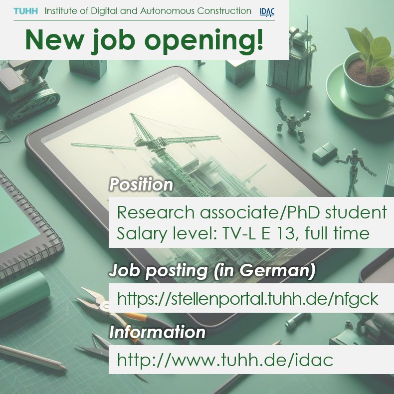 We are seeking a research associate (PhD student) to support our team (4 years, full time, salary level TV-L E 13). 📝🎓 Apply here: stellenportal.tuhh.de/nfgck Further information: tuhh.de/idac #newjobopening @tuhamburg #tuhh #idachamburg #jobopening