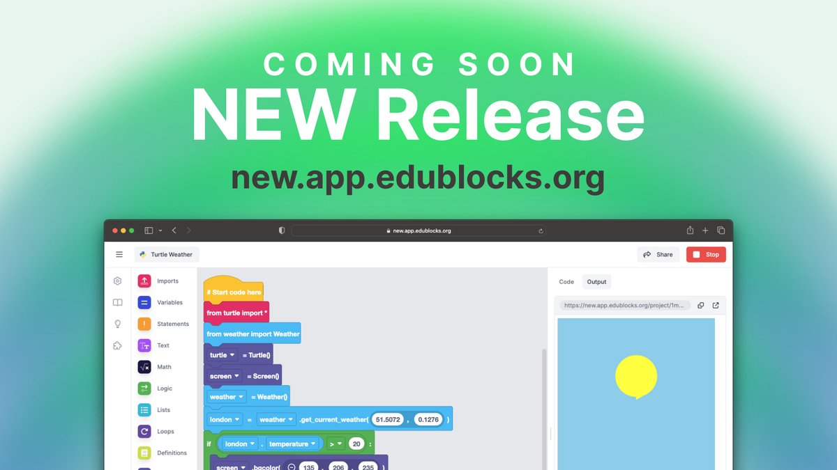 edu_blocks's tweet photo. 🚨Help us test the upcoming release of EduBlocks🚨

Highlights include:
🐍 @pyscript_dev, a revolutionary new Python-in-the-browser runtime from @anacondainc 
💾 Autosave
🎵☁️ Music &amp; Weather Extensions

Try it out: https://t.co/eaalhEhMF7 https://t.co/UWrB8EbUkC