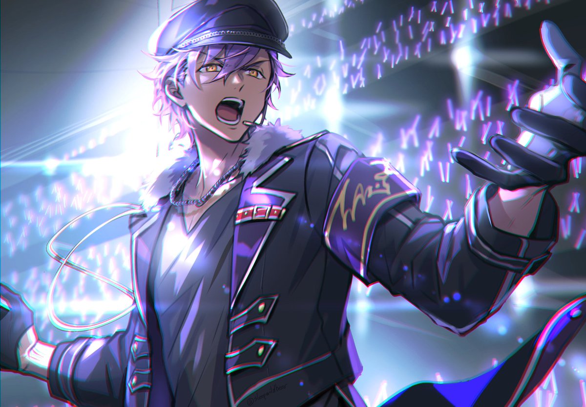 1boy male focus gloves purple hair hat microphone glowstick  illustration images