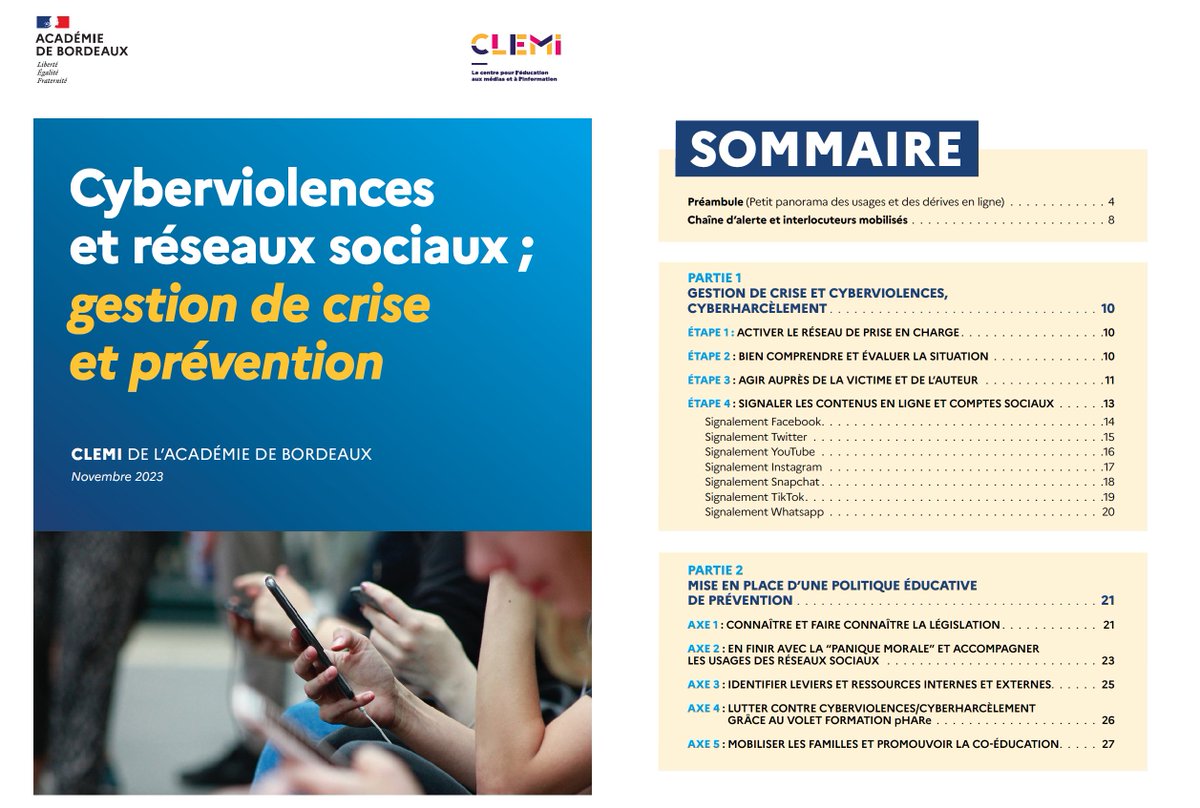 📲 La nouvelle version du guide "#Cyberviolences et réseaux sociaux ; gestion de crise et prévention" réalisé par <a href="/LeCLEMI/">CLEMI</a> de l'@acbordeaux est disponible en ligne ! 
📌À découvrir sur : vu.fr/jbvWB
#NonAuHarcèlement