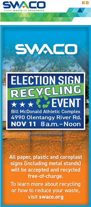OhioEPA's tweet image. No matter who or what you voted for, we can ALL agree that #electionsigns are no longer needed. And if you need to get rid of all those paper, plastic and coroplast signs that are now littering your yard - we can help! @SWACOGreen wants to recycle those signs for you tomorrow!
