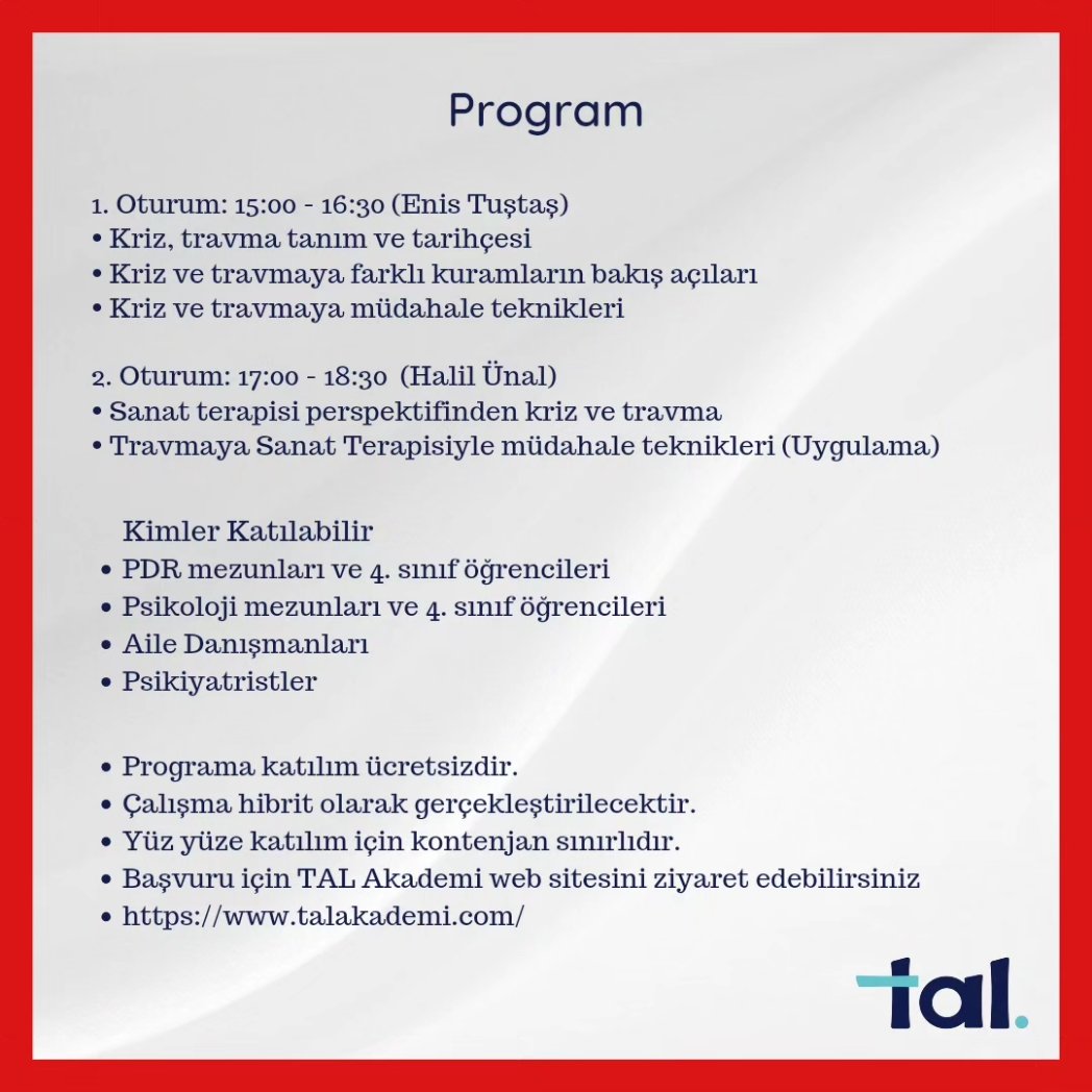 TalAkademi's tweet photo. Atölye çalışmamız ücretsiz olarak gerçekleştirilecektir. 
Başvuru için web sitemizi ziyaret edebilirsiniz ➡️ https://t.co/GF6ehL5lBx https://t.co/ELGzL5EVnE