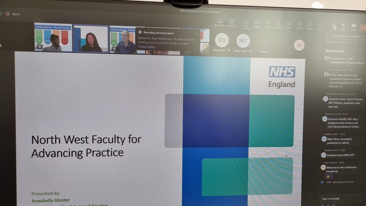 LucyKPhysio's tweet image. Fantastic start to #NCAAP23 webinar with @BellaThakglos setting out the challenges + opportunities for AP + the  role of the NW faculty @martintroedel @VictoriaDicken4 @kay_marie83 @SarahRichards80 @DeborahBActive @CMossPhysio  #AdvancedPractice2023